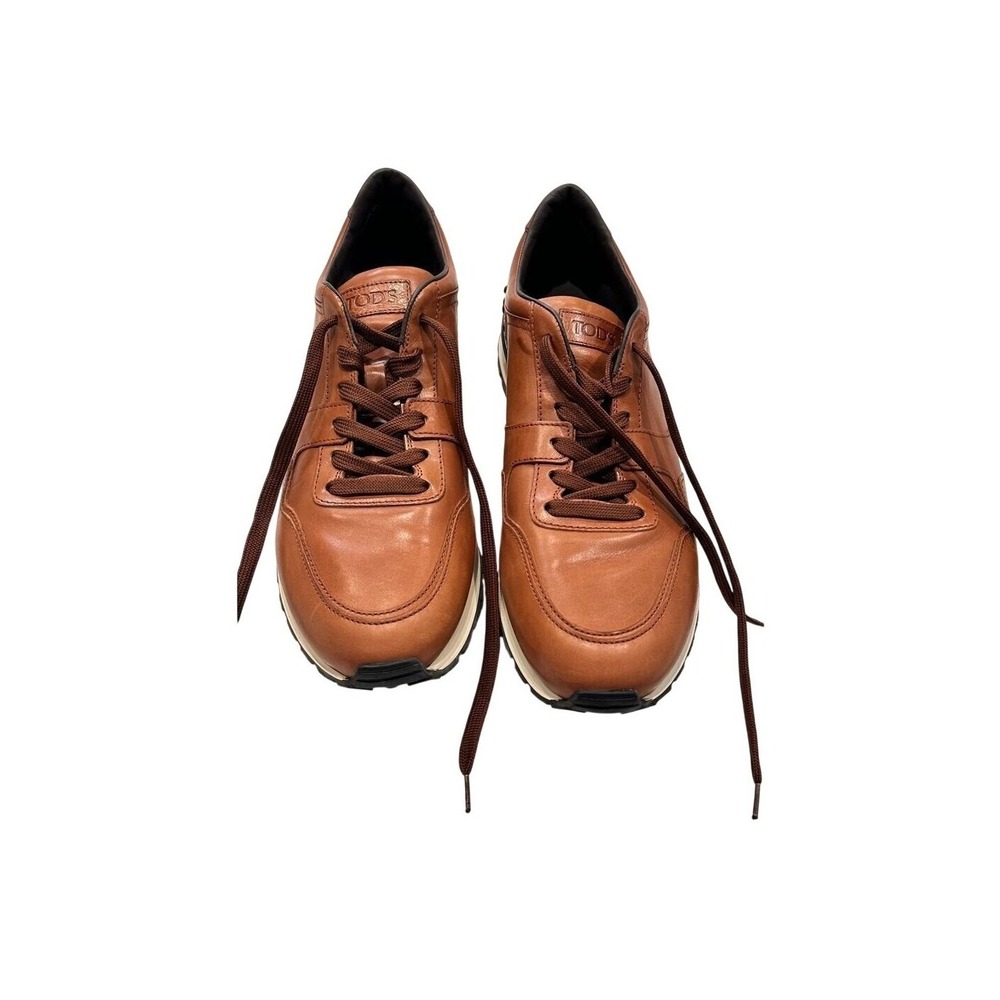 Tods Mens Brown Leather Low Sneakers Gommini Pebble Heel Made in Italy Size 11